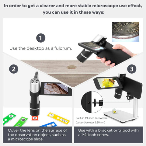 Handheld Digital Microscope With Built In LCD Screen Rechargeable Battery Portable Pocket Microscope For DIY Electronics Jewelry Soldering And Tiny Parts Inspection Anywhere In Your Home Workshop Or Field, black handheld microscope on stand