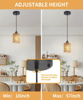 Adjustable height woven rattan pendant fixture showing min 10in and max 57in lengths in a modern dining space.