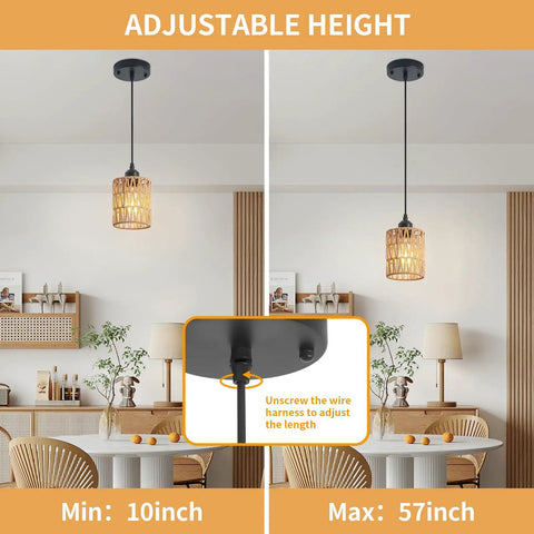 Adjustable height woven rattan pendant fixture showing min 10in and max 57in lengths in a modern dining space.