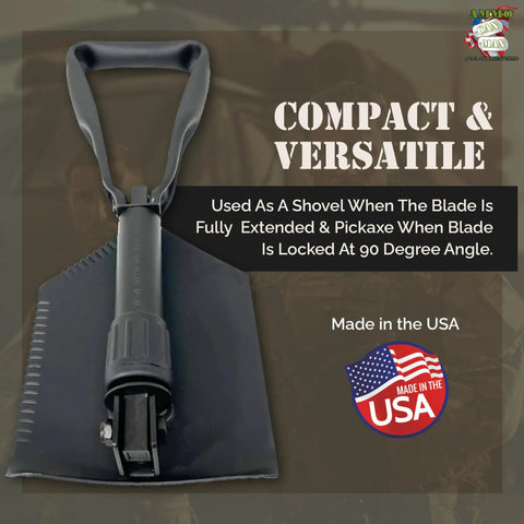 Rugged Folding Camping Shovel Set with ACU Pouch, two-piece E tool, tri-fold metal alloy shovel in compact form, made in USA.