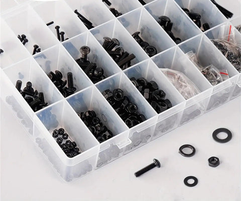 All In One 1305 Piece Metric Screw And Nut Kit With 10.9 Grade Alloy Steel Bolts Nuts Washers visible in transparent case.