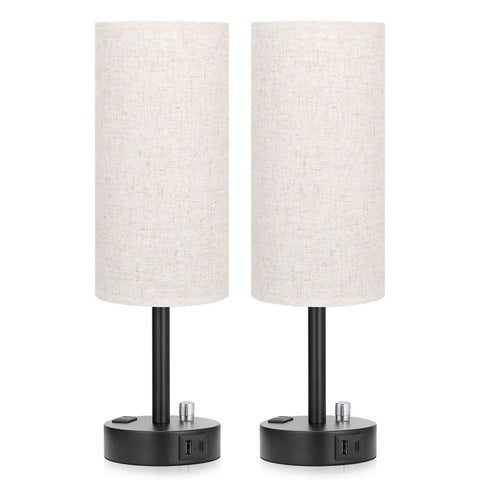 Set Of 2 Fully Dimmable Bedside Lamps With USB C Charging Port And Built In USB Ports And Outlets, Compact Nightstand Table Lamps