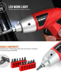 19-Piece 3.6V USB Cordless Power Screwdriver Kit for Home DIY with red design, LED light, and 19 steel bits.