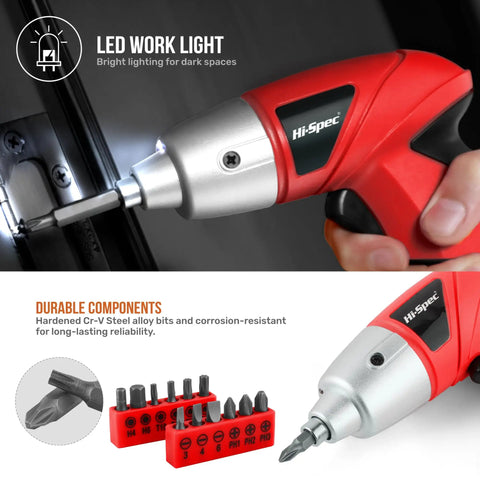 19-Piece 3.6V USB Cordless Power Screwdriver Kit for Home DIY with red design, LED light, and 19 steel bits.