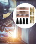 Flux Core MIG Welding Kit With Gasless Nozzles And 0.035 In Contact Tips And Diffusers for Easy Swaps, displayed with welder
