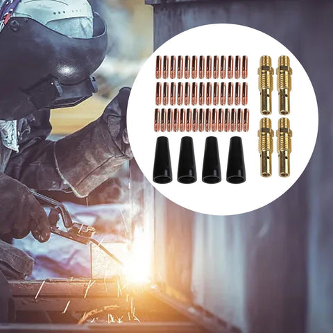 Flux Core MIG Welding Kit With Gasless Nozzles And 0.035 In Contact Tips And Diffusers for Easy Swaps, displayed with welder