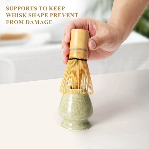Pro Grade Matcha Whisk Set With 76 Prong Chasen For Smooth Froth And Creamy Flavor Includes Whisk Holder Ceramic Mottled Green Stand