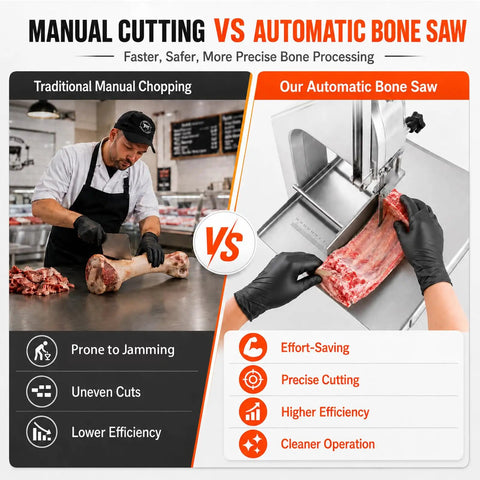 Manual vs automatic cutting with Beastly 2500W Meat Saw With 8 Stainless Steel Blades, showing efficient meat processing.