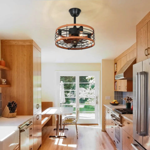 Caged Ceiling Fan With Light 21 Inch Rustic Dope Flush Mount in kitchen, showcasing modern design with remote and quiet copper motor.