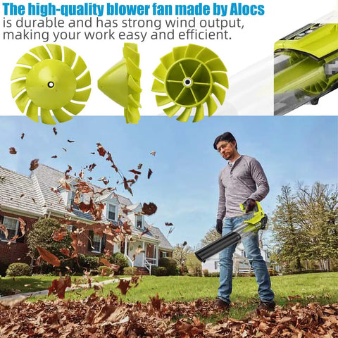2 Pack Replacement Blower Fan For Ryobi One Plus 18V Leaf Blowers P2108 P21081 P21081VN P21081VNM shown in use clearing leaves