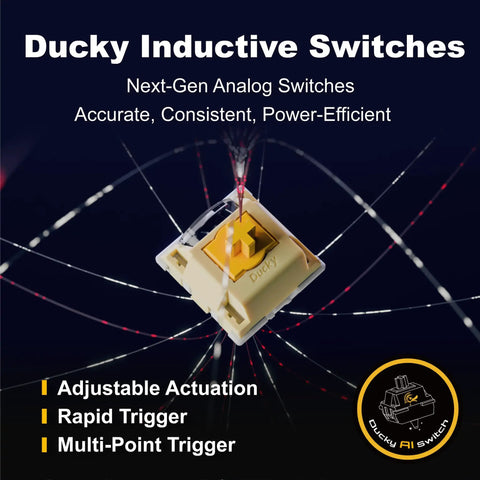 Ducky Inductive Switches showcasing adjustable actuation and rapid trigger for Wireless Tri Mode Inductive Keyboard With Linear Rapid Trigger Switches Gasket Mount Build Seven Layer Deep Dampening Crisp Pbt Doubleshot Keycaps White Us Layout Delivers Legit Smooth Typing That Hits Different For Gaming Or Work.