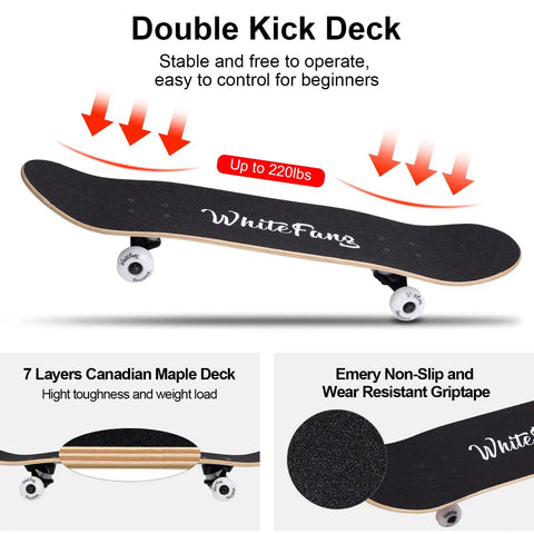 Beginner Friendly Complete Skateboard 31.75 Inch Long 7.88 Inch Wide Deck With 7 Layer Canadian Maple Double Kick Concave For Tricks