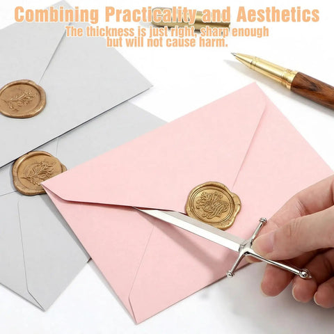 Hand using Vintage Sword Style Letter Opener For Envelopes And Mail With Slick Precision Slitter on sealed pink envelope