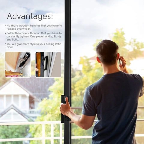 Man using heavy duty sliding glass door handle set 6 5/8 inches black zinc finish with ergonomic grip, reversible installation.