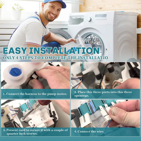 Washer water inlet valve kit; white plastic valve with blue cap, installation steps collage