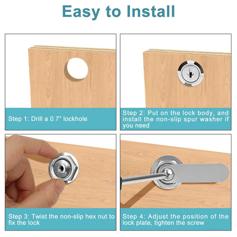 Installation steps for Heavy Duty Zinc Alloy Cam Locks For Cabinet Drawers And Rv Storage, Keyed Alike Two Piece Set.