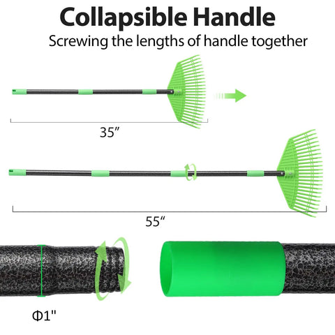 Heavy Duty Plastic Leaf Rake With 23 Tines, 16 Inch Wide Lawn Rake For Leaves And Grass showing collapsible handle feature