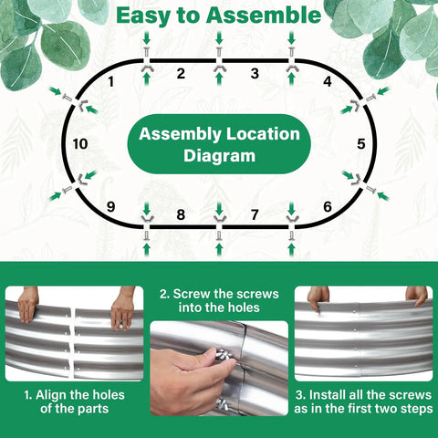 Assembly diagram for Galvanized Raised Garden Bed Kit 4By2By1Ft Oval Planter Boxes For Outdoor Garden with step-by-step instructions.