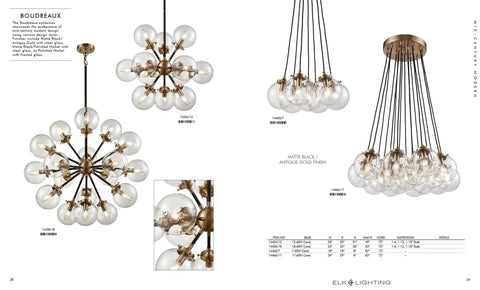 Elk Lighting Boudreaux chandeliers in matte black and antique gold finish with glass globes