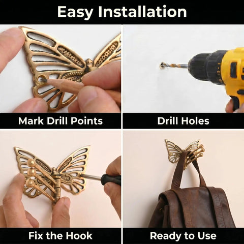 Easy installation steps for Knockout Brass Butterfly Swivel Hook Foldable Tri Arm Gold Finish Coat Rack.