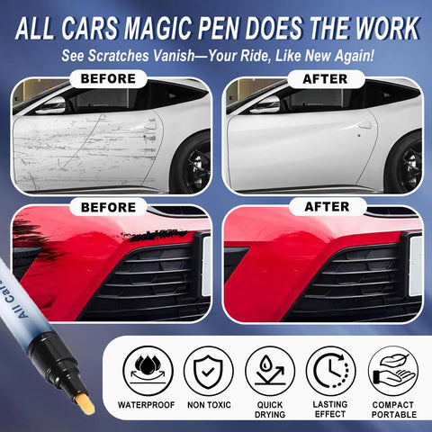 Universal Car Scratch Remover Pen Kit For All Colors with before and after car surface images showing scratch repair results.