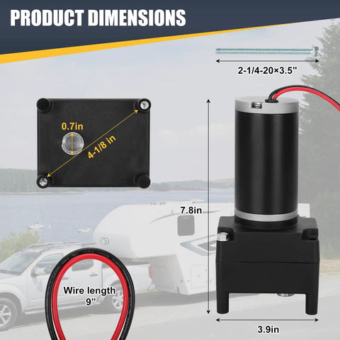 Product dimensions of Electric 5th Wheel Landing Gear Motor For RVs Replaces LG142178 LC142178 M9000PK with 9-inch wire length