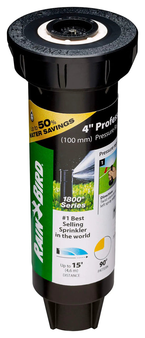 Pressure Regulating Dual Spray Pop Up Sprinkler With 90 Degree Quarter Circle Pattern And 8 To 15 Foot Spray Distance, 4 Inch Pop Up Height, Water Saving Regulator Delivers Constant 30 PSI For Consistent Irrigation.