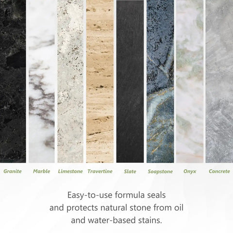 High End Water Based Stone Sealant For Granite Marble Concrete And Grout Keeps Indoors Or Outdoors Lookin Clean While Shutting Out Oil Stains With A Slick Invisible Coating That Guards Surfaces From Daily Messes In One Full Gallon For No Hassle, showcasing various stone types.