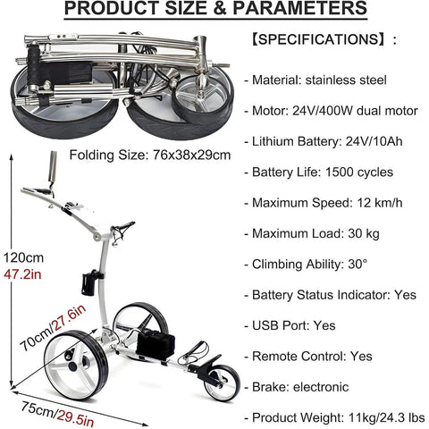 Electric Golf Push Cart With Wireless Remote And Three Wheel Frame For Lazy Tee Time Cruising showing folding size and specifications.