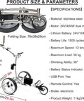 Electric Three Wheel Golf Trolley Featuring Hassle Free Remote Control And Compact Foldable Design powered by robust twin motors and lithium battery with specs.