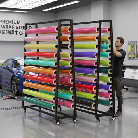 Heavy Duty Garage Mobile Vinyl Wrap Organizer Rack Featuring Adjustable Multi Tier Metal Frame And Smooth Rolling Lockable Casters, storing colorful vinyl rolls.