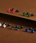 Top Tier Titanium Screw Back Stud Earrings For Women And Men Featuring Hypoallergenic Surgical Steel With A Tight Security Clasp To Keep Your Everyday Fit Snappy While Showcasing Brilliant Cubic Zirconia Stones For Sensitive Ears with red, green, black, blue, and clear cubic zirconia.