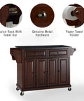 Slick Granite Top Rolling Kitchen Island Cart With Solid Mahogany Frame And Vintage Brass Pulls showing spice rack, metal hardware, and towel holder.