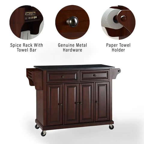 Slick Granite Top Rolling Kitchen Island Cart With Solid Mahogany Frame And Vintage Brass Pulls showing spice rack, metal hardware, and towel holder.