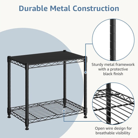 Beefy 2 Tier Metal Wire Storage Shelves With Adjustable Racks Holds Up To 200 Lbs Per Shelf Black Steel Organizer, shown with details