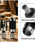 Eight Piece Premium Black Wood Plug Cutter Drill Bit Set Featuring Straight And Tapered Shapes With A Heavy Duty Hex Shank for clean plugs