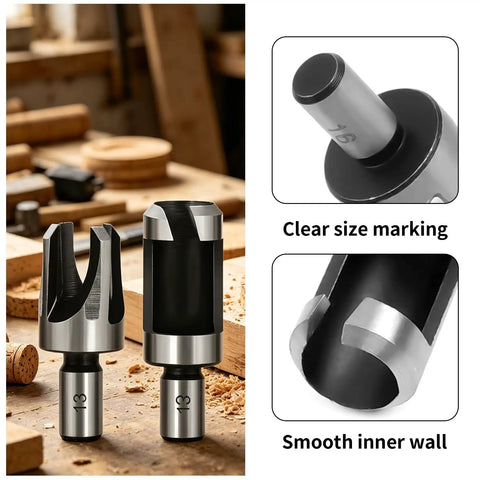 Eight Piece Premium Black Wood Plug Cutter Drill Bit Set Featuring Straight And Tapered Shapes With A Heavy Duty Hex Shank for clean plugs