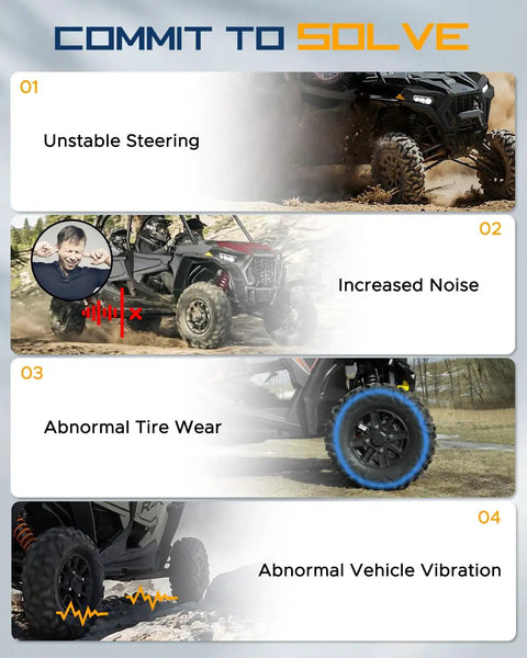Rear Radius Arm For RZR XP 1000 And 4 XP 1000 2014-2023 And XP Turbo 16-21 High Clearance Boxed Rear Radius Rods With Adjustable Heim Joints DOM Steel Tubing showing steering, tire wear, and vibration issues