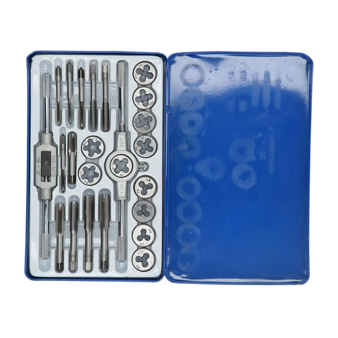 Beefy Alloy Steel Tap Die Kit And Thread Repair Tool Set For Metalworking Heavy Duty Hand Tools Pro Grade Threading Tools Durable CNC Compatible Wrench And Die Set For Precise Long Lasting Repairs, blue case open