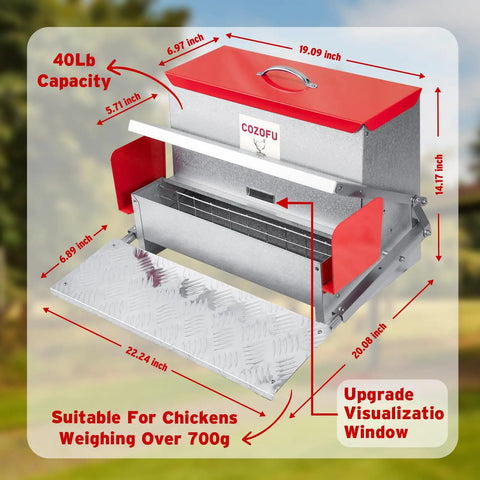 Backyard No Sweat Automatic Chicken Feeder With Forty Pound Capacity For Flocks Of Twelve Rat Proof Galvanized Steel with visible dimensions and features.