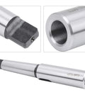 Side view of Morse taper MT3–MT2 extension adapter in steel; silver finish with bore opening and set-screw end.