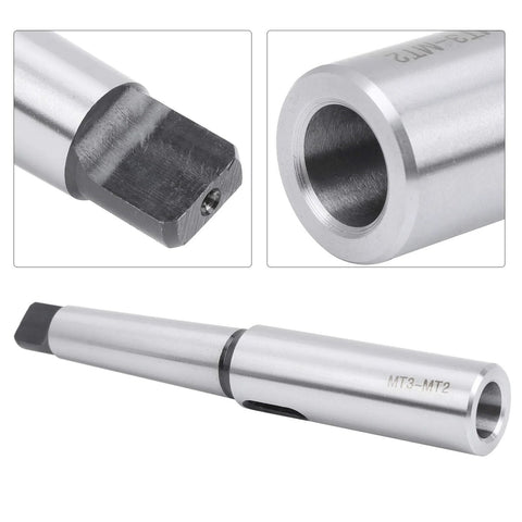 Side view of Morse taper MT3–MT2 extension adapter in steel; silver finish with bore opening and set-screw end.
