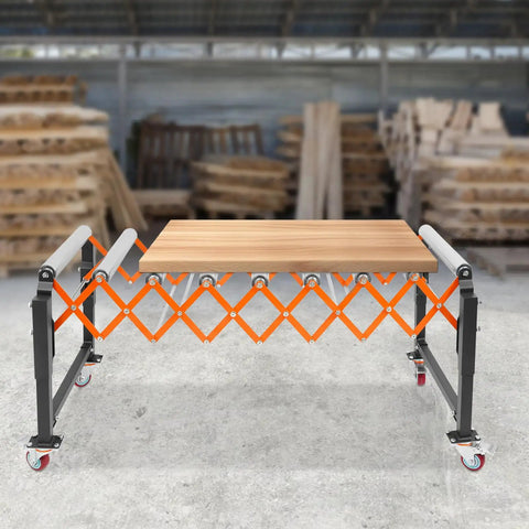 Heavy Duty Telescopic Roller Conveyor Table With Smooth Rolling Caster Wheels And Solid Parking Brakes, adjustable height and width, ideal for warehouse use.