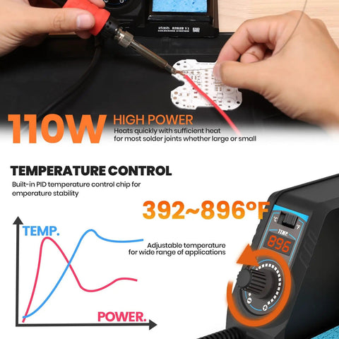 Big Power 110W Soldering Station Kit with temperature control display, hands using soldering iron on circuit board.