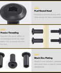 Close-up of 85 Piece M6 Hex Socket Cap Bolts and Barrel Nuts Set showing flat round head and black zinc plating details.