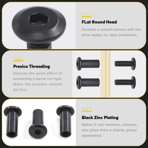 Close-up of 85 Piece M6 Hex Socket Cap Bolts and Barrel Nuts Set showing flat round head and black zinc plating details.