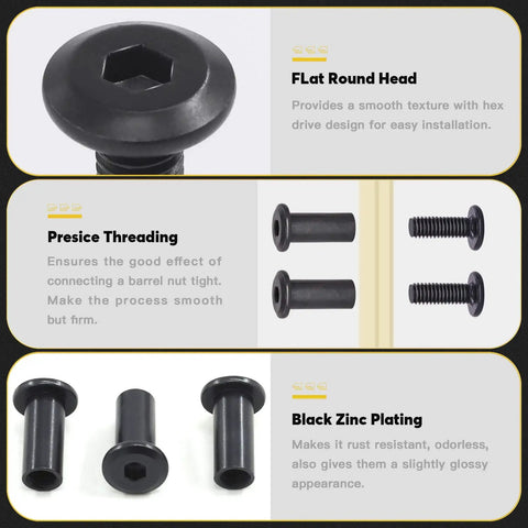 Built Different M6 Hex Socket Cap Bolt And Barrel Nut Assortment Kit Packs Five Dead Straight Lengths with black zinc plating and flat round head for furniture assembly.