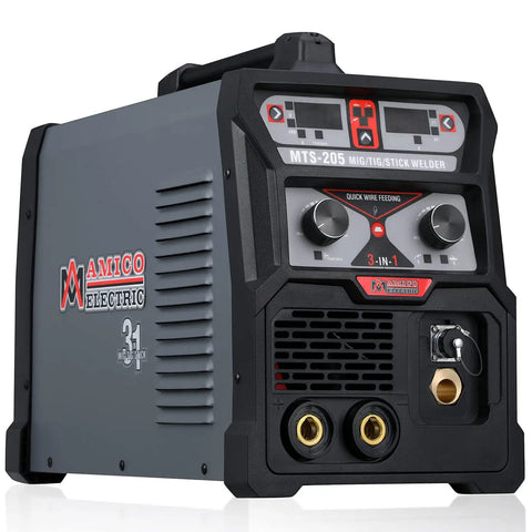 205 Amp All In One MIG TIG Stick Arc Welder Dual Voltage 110V And 230V displaying front controls and connectors