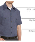 Straight Up Heavy Duty Men's Short Sleeve Work Shirt In Blue And Charcoal Industrial Stripe, Built Tough With Moisture Wicking Durable Press Fabric And Secure Button Thru Pockets For The Daily Grind Crew, showcasing lightweight fabric and secure button pockets.