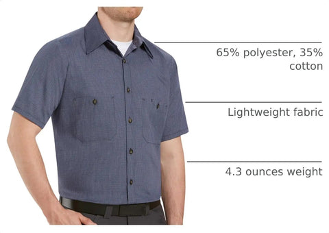 Straight Up Heavy Duty Men's Short Sleeve Work Shirt In Blue And Charcoal Industrial Stripe, Built Tough With Moisture Wicking Durable Press Fabric And Secure Button Thru Pockets For The Daily Grind Crew, showcasing lightweight fabric and secure button pockets.